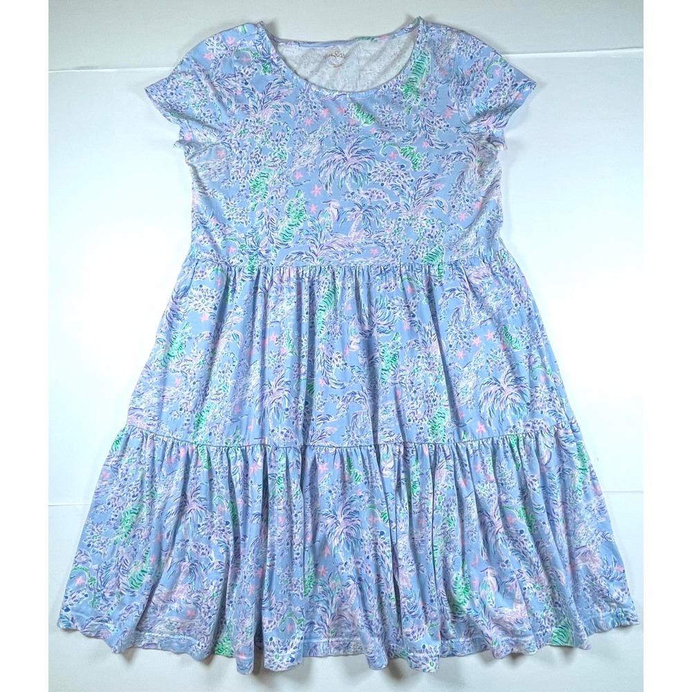 Lilly Pulitzer Tiered Dress Womens S Blue Tropical Palm Tiger Cotton Pockets